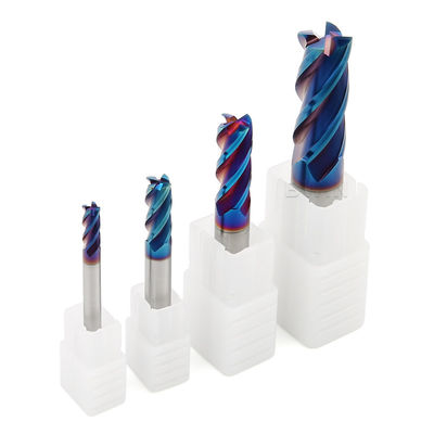 HRC65 4 Flute Solid Carbide Square End Mill Pemotong Penggilingan Datar Nano Biru